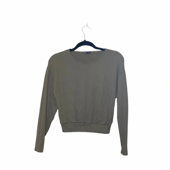 Zara Olive Green Knit Long Sleeve Pullover Cropped Sweatshirt Small Women’s - Picture 11 of 11